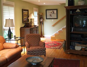 Smart TV, fireplace, books