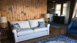 Una sala de estar moderna con un sofá blanco, dos almohadones estampados, un tapete azul y blanco, paredes de madera y una cocina al fondo.