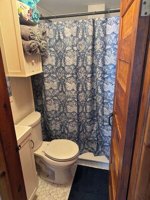 A bathroom with a toilet, a shower curtain with a floral pattern, and a towel rack with folded towels. - Charming Lake front Cottage w/dock close to Acadia National Park & Bar Harbor (Ellsworth)