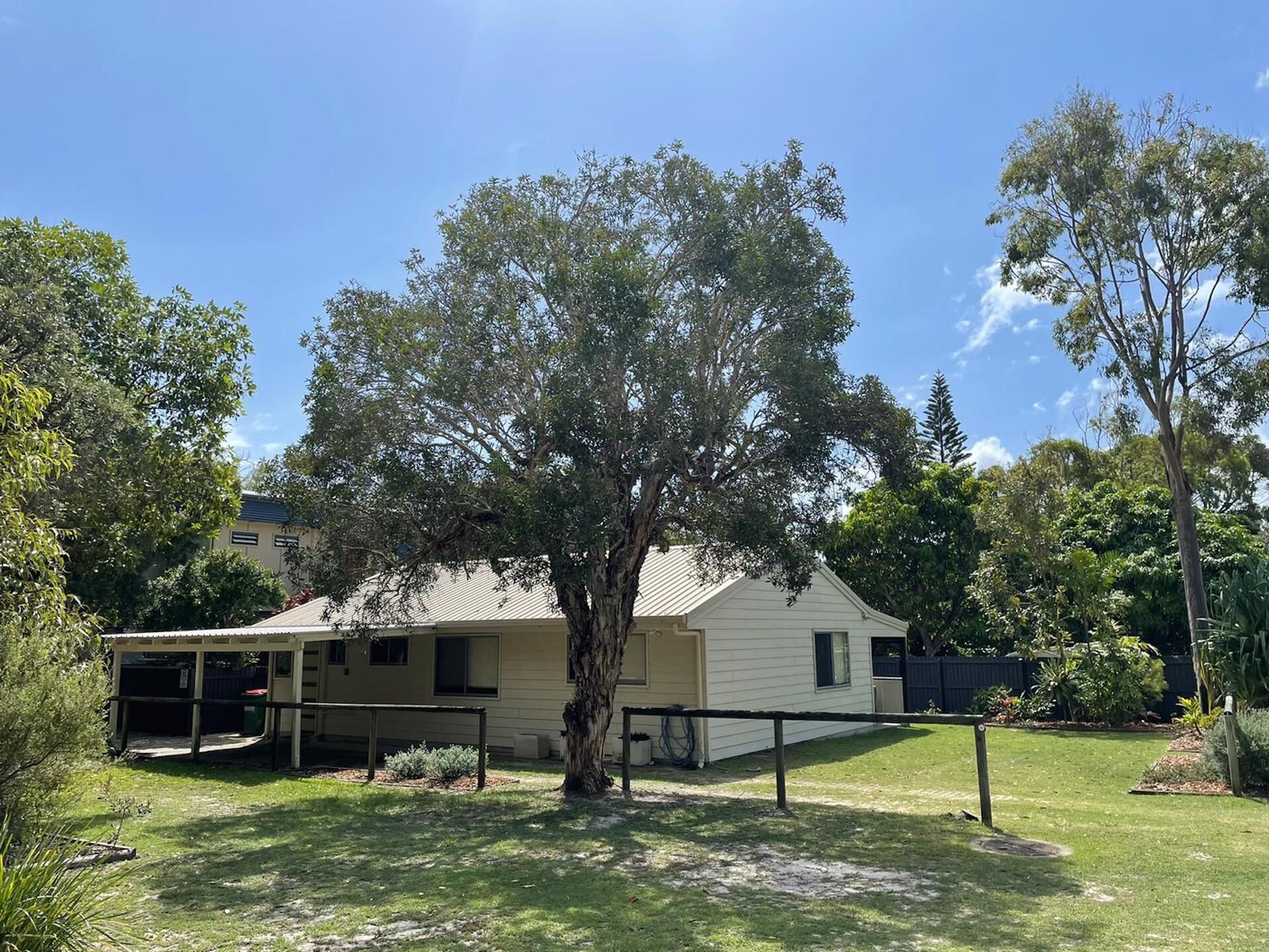 A house with a large tree in front, a covered porch, and a well-maintained lawn.