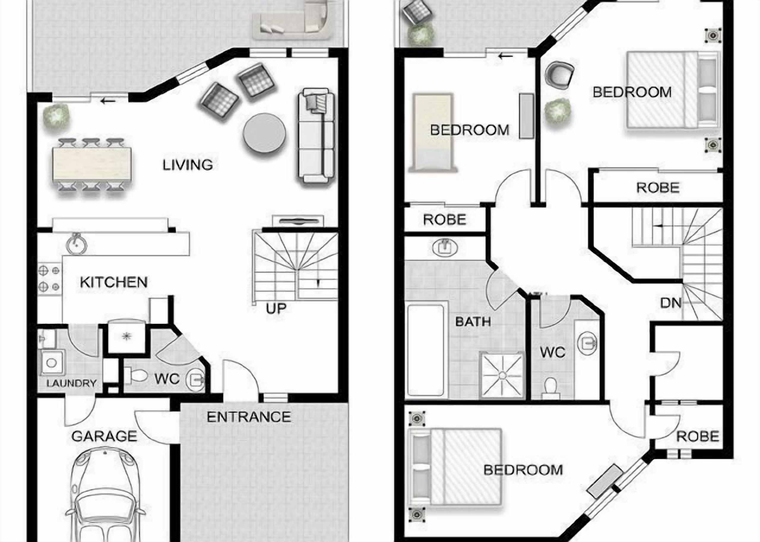 Een appartement met twee verdiepingen: op de begane grond een woonkamer, keuken, wasruimte en garage, en op de bovenverdieping slaapkamers, badkamers en een kleedruimte.