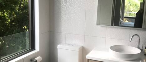 Douche, séchoir à cheveux, serviettes fournies, savon