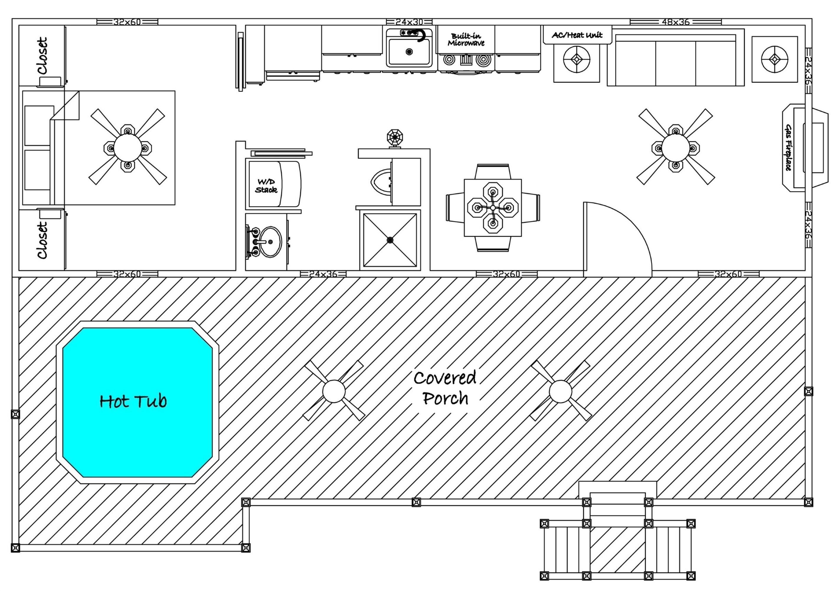 A floor plan with a hot tub, covered porch, closet, and built-in microwave.