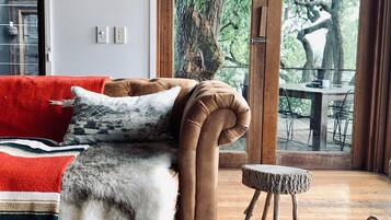 Smart-tv, eldstad och en stereo