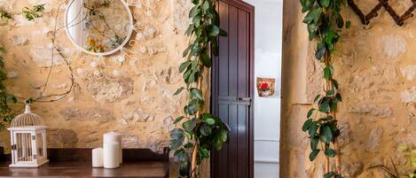 A rustic stone wall with a wooden door, a round mirror, and potted plants.