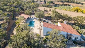 Une maison moderne avec une piscine, entourée d’arbres et de champs.