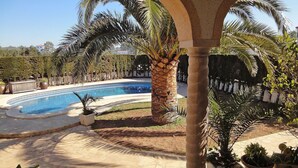 Una piscina a forma di curva, circondata da palme e piante in vaso, sotto un portico coperto.