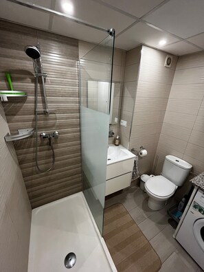 シャワー、ヘアドライヤー、タオル、トイレットペーパー