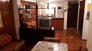 Un espai vital compacte amb televisió, cuineta i llit amb teles estampades florals.