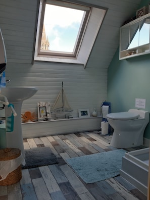 Shower, hair dryer, towels, toilet paper