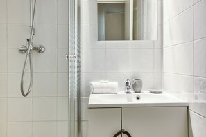 Shower, hair dryer, towels