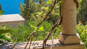 A stone pillar with a vine, overlooking a clear blue sea and a distant sailboat.