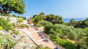 A garden pathway leading to a wooden structure, surrounded by various plants and a stone wall.