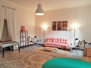 Smart TV, fireplace, foosball, table tennis