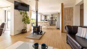 A modern living room with a wood-burning stove, a flat-screen TV, a leather sofa, and a dining area in the background.