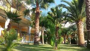Een binnentuin met palmbomen, een geel gebouw en een wit balkon.