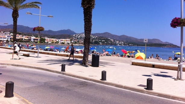 A coastal promenade with palm trees, beach umbrellas, and a clear view of the sea.