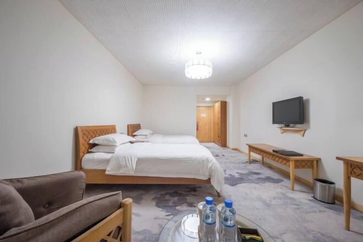 A hotel room with a bed, a sofa, a TV, and a desk.