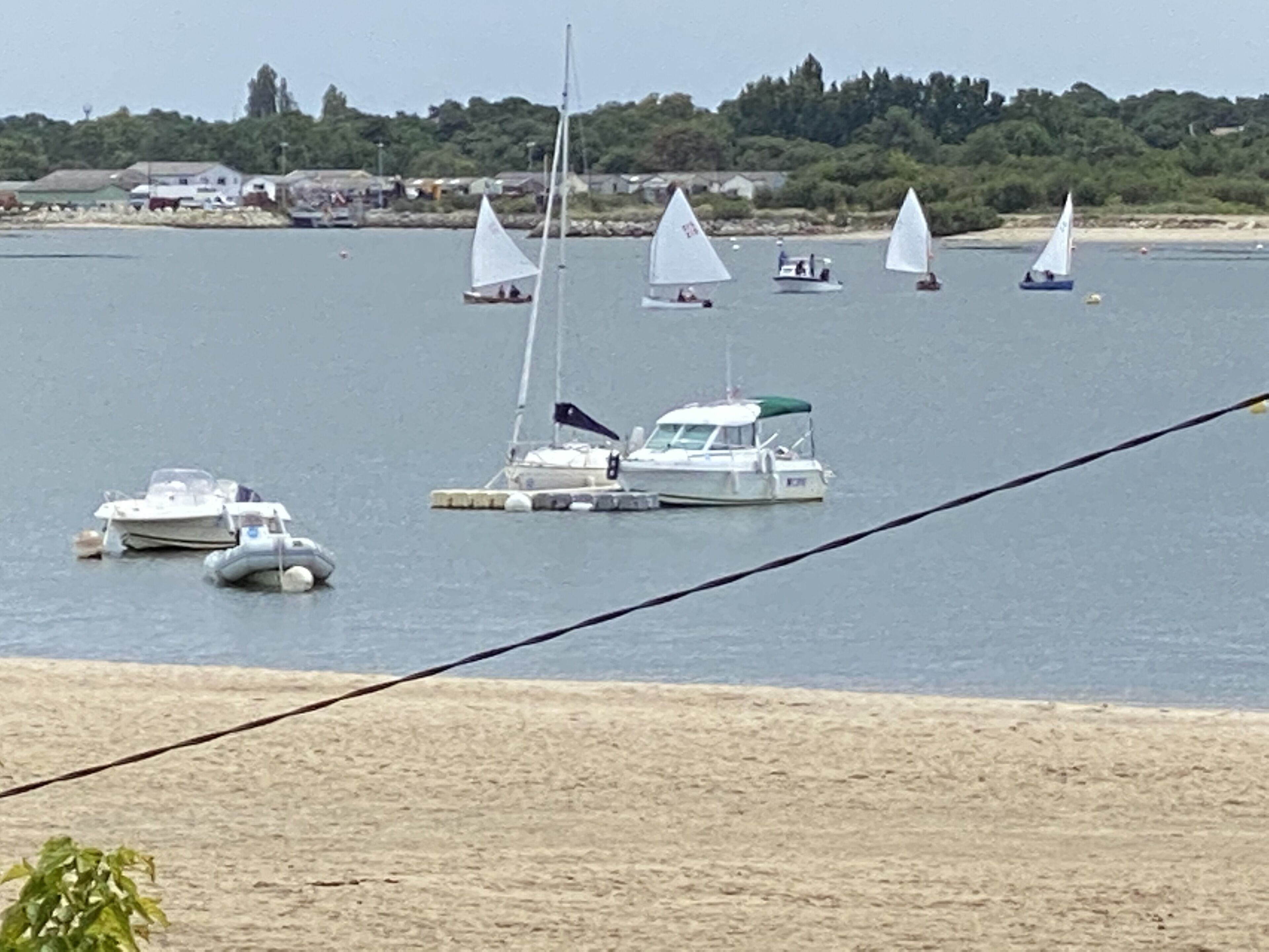 A marina with several sailboats docked.