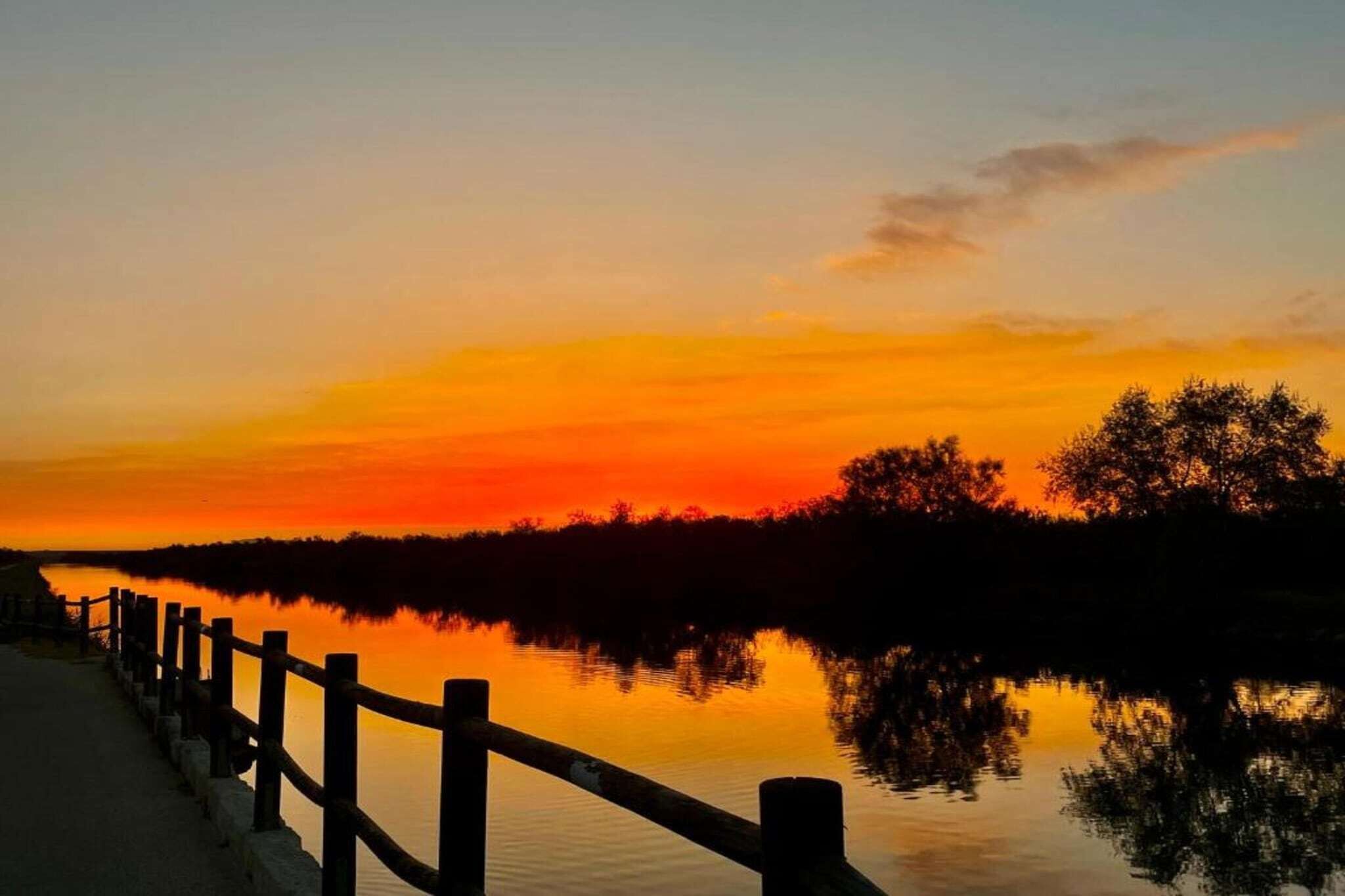 A sunset over a calm body of water with a wooden walkway and trees in the background.