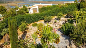 A coastal landscape with a white building surrounded by lush greenery and cacti. - Stunning private villa with WIFI, A/C, private pool, TV, terrace, pets allowed and panoramic view (Pego)