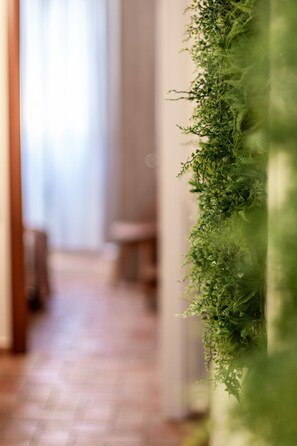 A hallway with a vertical garden installation on the right side. - Wine Apartments Florence Ansonica (Florence)