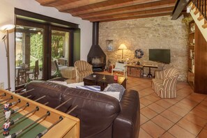TV, fireplace, table football