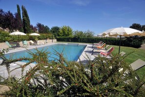 Une piscine entourée de verdure, avec des chaises longues et des parasols.