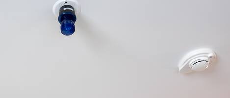 Two smoke detectors mounted on a white ceiling.