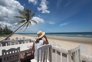 On the beach, sun-loungers, beach towels