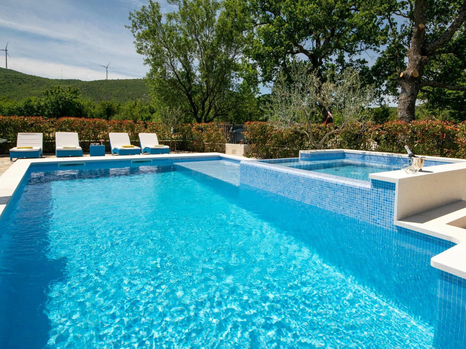 Una piscina rectangular con agua azul cristalina, rodeada de sillas de descanso y árboles.