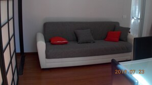 A grey sofa with red and grey cushions, a white armchair, and a wooden floor. - The attic of Val. Apartment with large terrace, in a period cottage. (Roma)