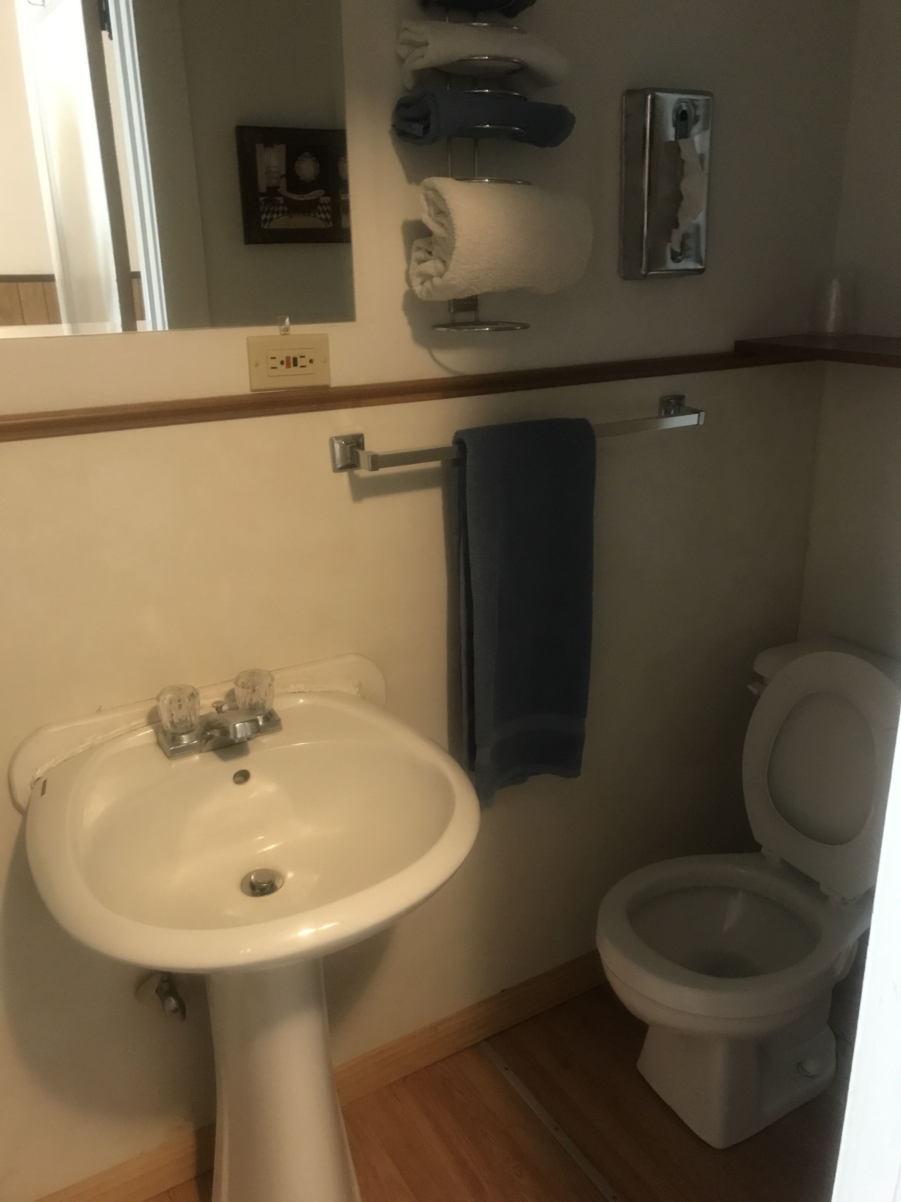 A bathroom with a white sink, a toilet, and a towel rack.