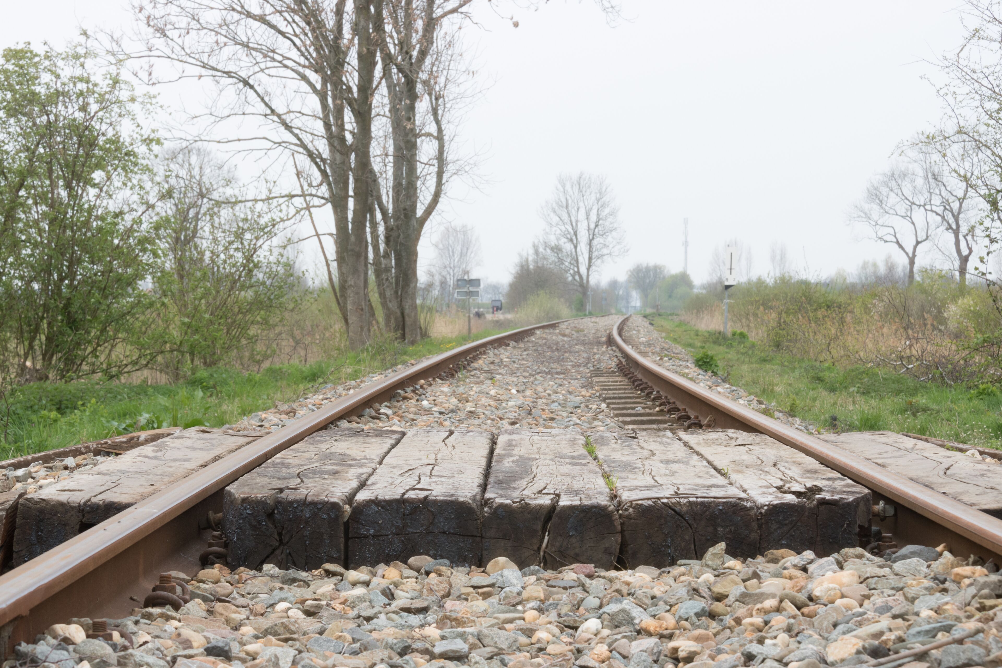 Une voie ferrée avec un ballast de gravier et des arbres de chaque côté.