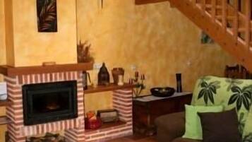 Televisie, een open haard, een dvd-speler en een stereo