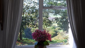 A window with white curtains, a potted plant with pink flowers, and a view of greenery and trees outside. - Bradley Cross Farm, Shepherds Cottage (Cheddar)