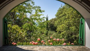 A view through an arched window with a green frame, overlooking a garden with various plants and pink flowers. - Wonderful private villa for 6 guests with A/C, private pool, WIFI, TV, terrace and pets allowed (Novi Vinodolski)