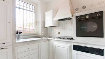 Een koelkast, een oven, een kookplaat, een vaatwasser