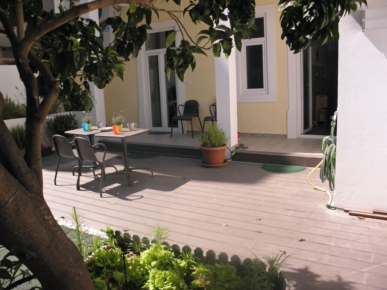 Um pátio externo com uma mesa e cadeiras, cercado por plantas em vasos e uma árvore.