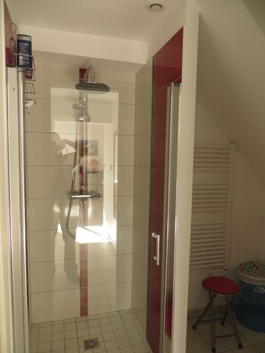 Dusche, Haartrockner, Seife, Toilettenpapier