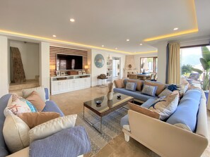 Smart TV, fireplace, DVD player, books