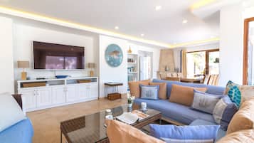 Smart TV, caminetto, lettore DVD, libri