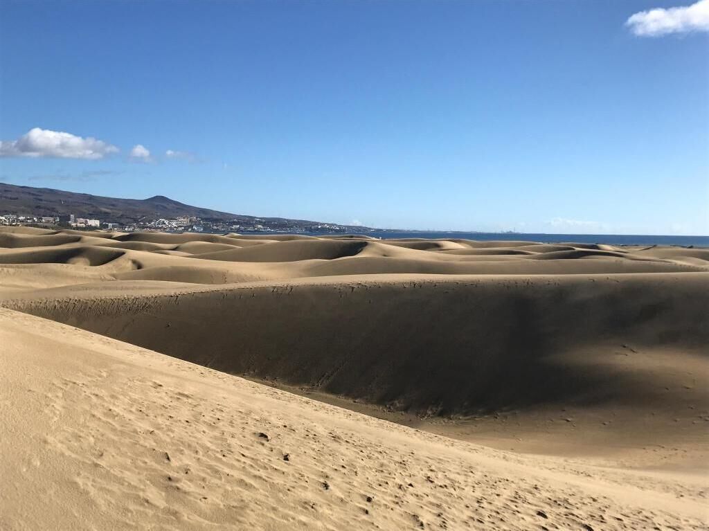 A desert landscape with sand dunes and a distant town.