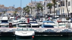 Ein Yachthafen mit vertäuten Booten entlang einer Uferpromenade, umgeben von Gebäuden und Palmen.