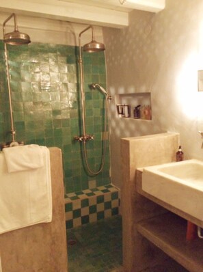 Shower, hair dryer, towels