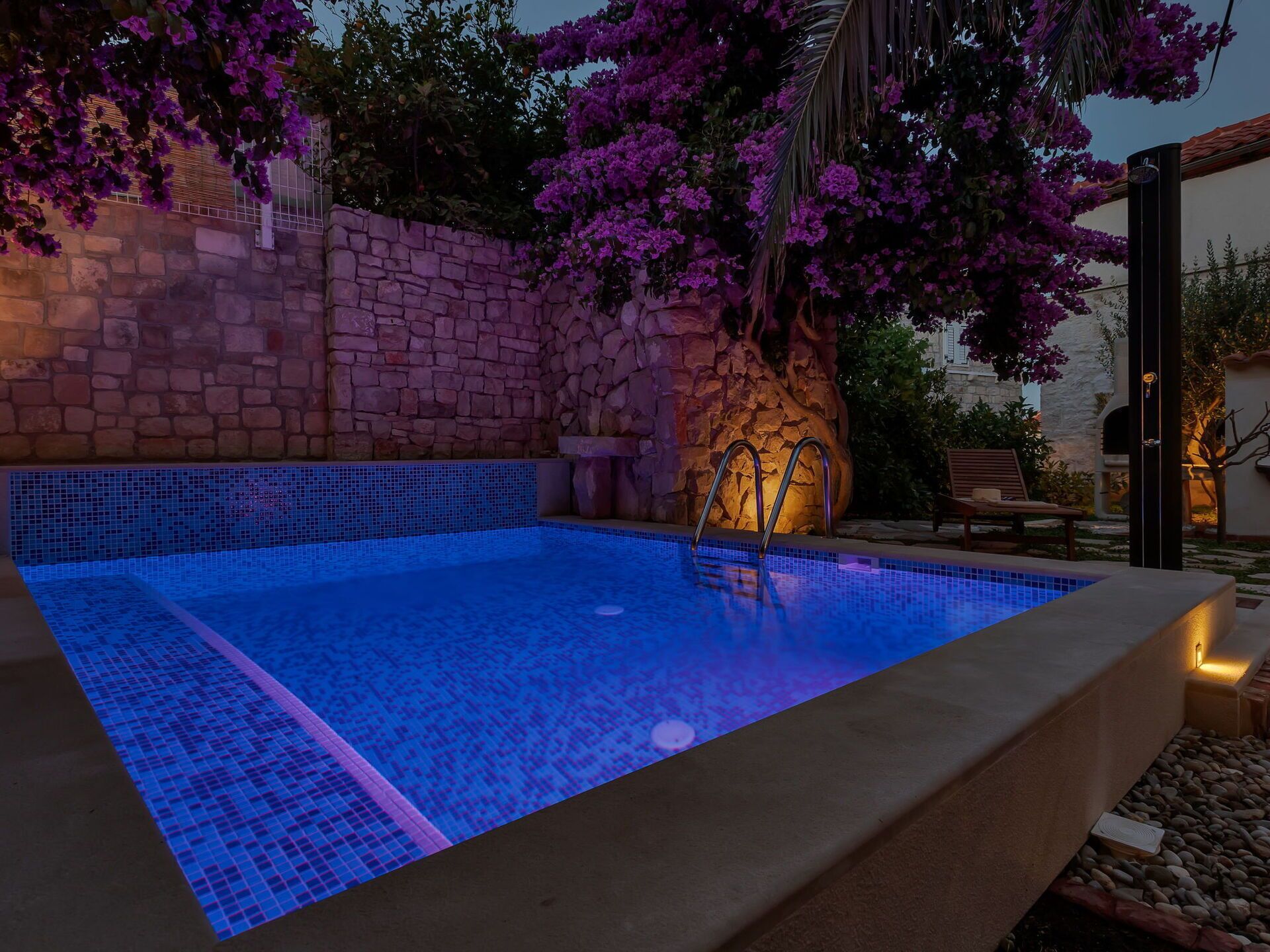 Una piscina con un muro in pietra e una palma.