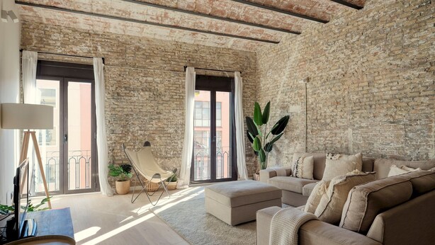 A spacious living room with a brick wall, a sofa set, a chair, and a large plant.