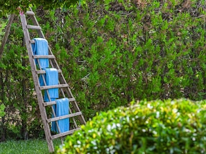 A wooden ladder leaning against a hedge with blue cloths draped over it.