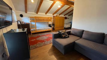 Smart TV, lareira, livros, aparelho de som