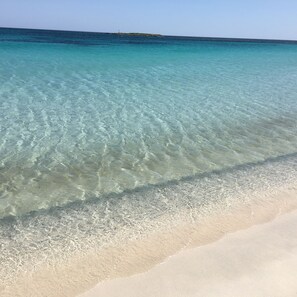 A clear view of a beach with turquoise water and a sandy shore.